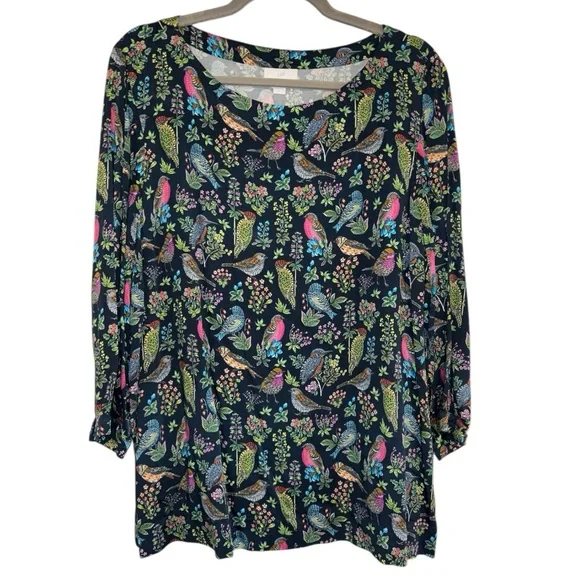 J. Jill Navy Bird Floral Print Top Turquoise Accent Boho Flowy Blouse (Size L) - Picture 1 of 7
